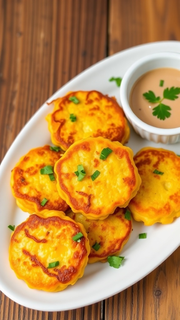 Crispy corn fritters on a plate, garnished with herbs, served with dipping sauce on a rustic table.